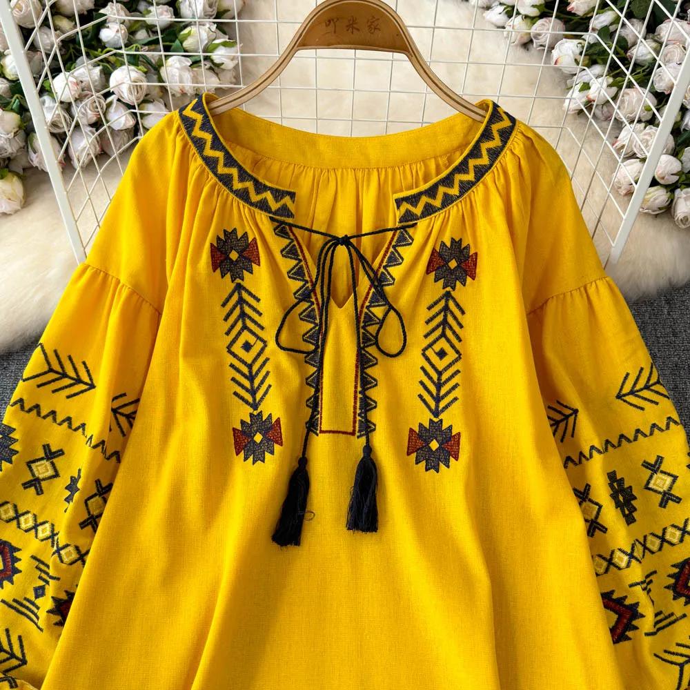 Jesień Zima Nowe Vintage Etniczne Bluzki Haft Luźny Dekolt V Nadruk Ropa Mujer Frędzle Sznurowanie Casualowa Koszula w Stylu Francuskim
