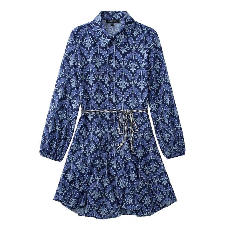 2022 Summer Women's Lace-Up Printed Long-Sleeve Mini Dress - European & American Style