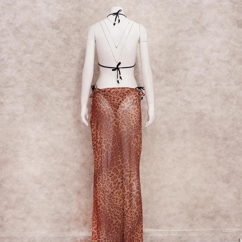 EDOLYNSA Sexy Leopard Print 3dílná sada bikin 2023 Summer Beach Wear Triangle Bikini Plavky S plážovou sukní Plavky Krycí A1554