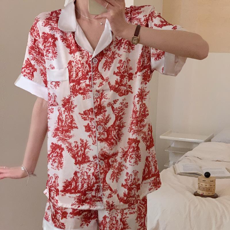 Style High-End Red Pajamas Women'S Summer Ice Silk Thin Short-Sleeved Shorts Casual Loungewear