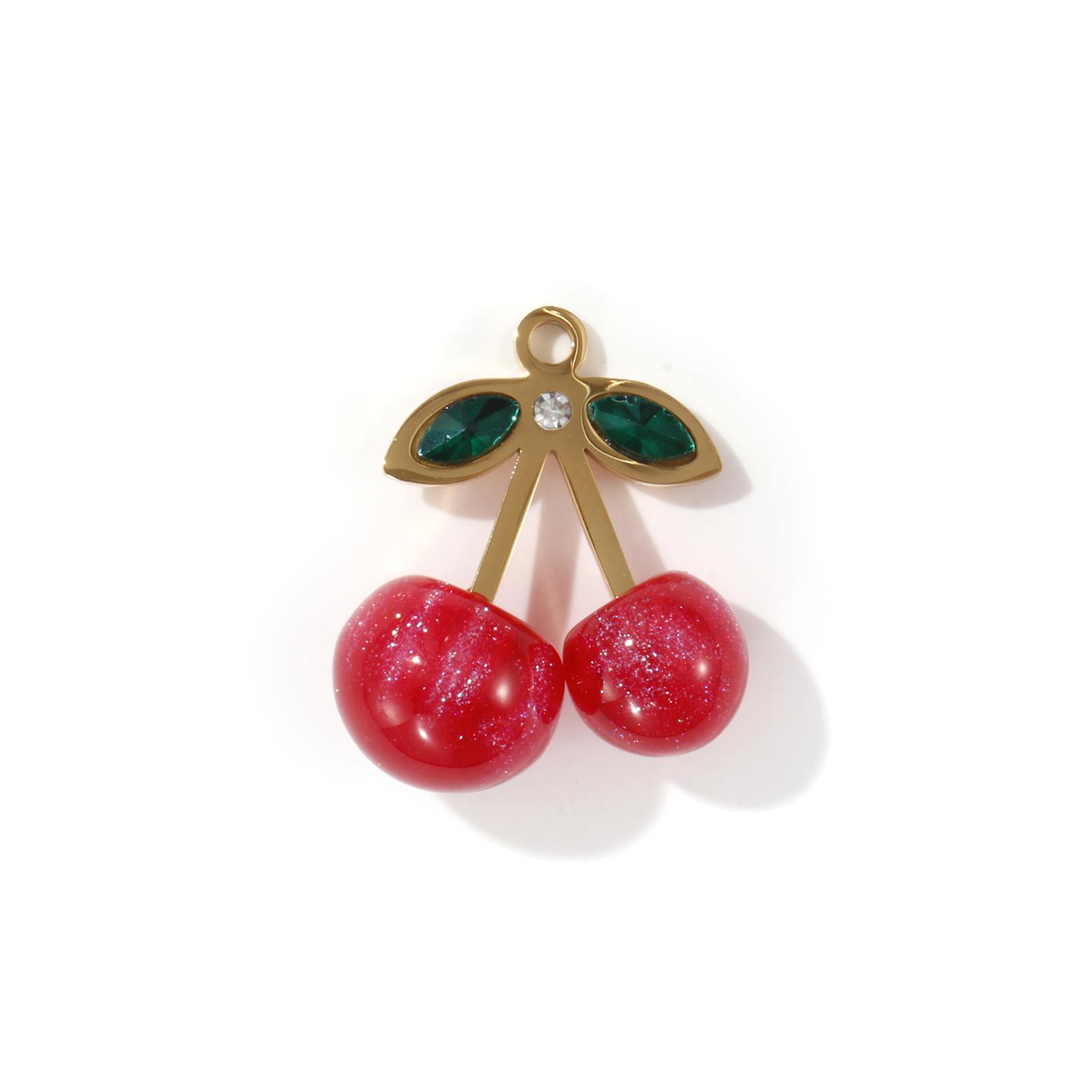 

1 Piece 304 Stainless Steel & Resin Charms Clear Rhinestone Strawberry Cherry 18K Real Gold Plated Pendants For Necklace DIY