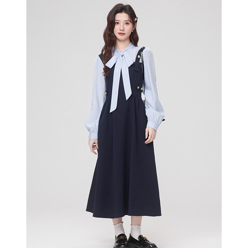 Autumn Design Feeling Waist and Thin Fake Two-piece Faculty Interview Long-sleeved Dress