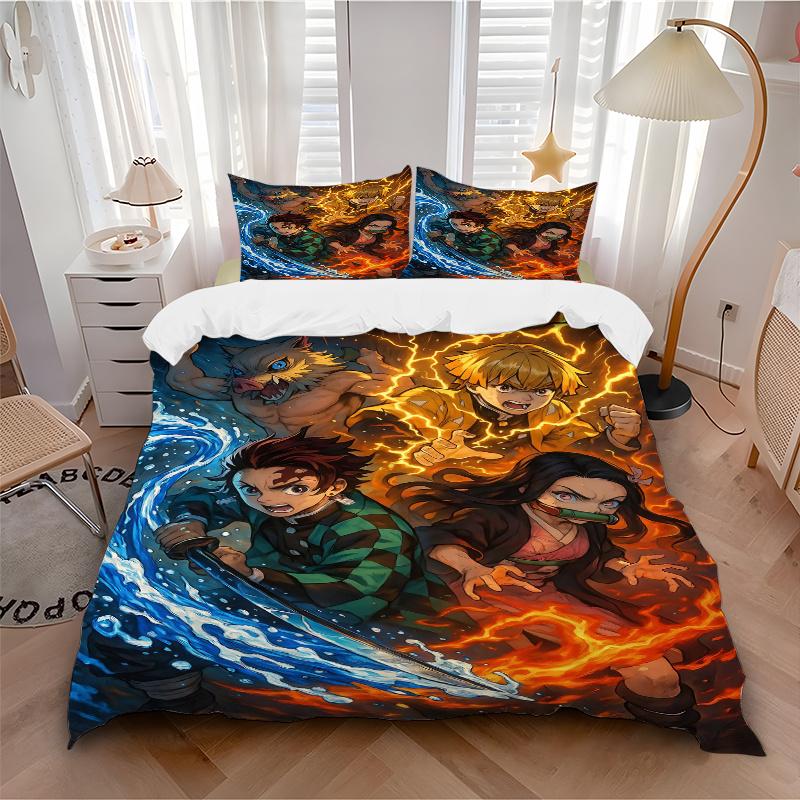 3pcs Demon Slayer Four Elements Printed Bedding Set, Soft and Comfortable Quilt Cover for Bedroom, Guest Room .H023
