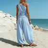 Women Tank Top Pants Two Piece Set Summer One-shoulder Sleeveless Shirt Trousers Solid Color Breathable Loose Casual Top Pants Suit
