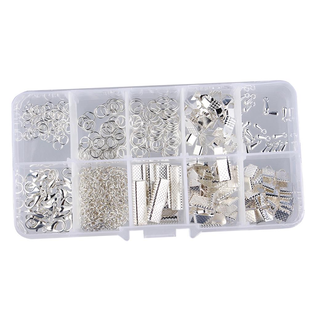 Cord Ends Lobster Claw Clasps Jump Rings Extension Chains Jewelry Findings Kit - Silver, 5MM