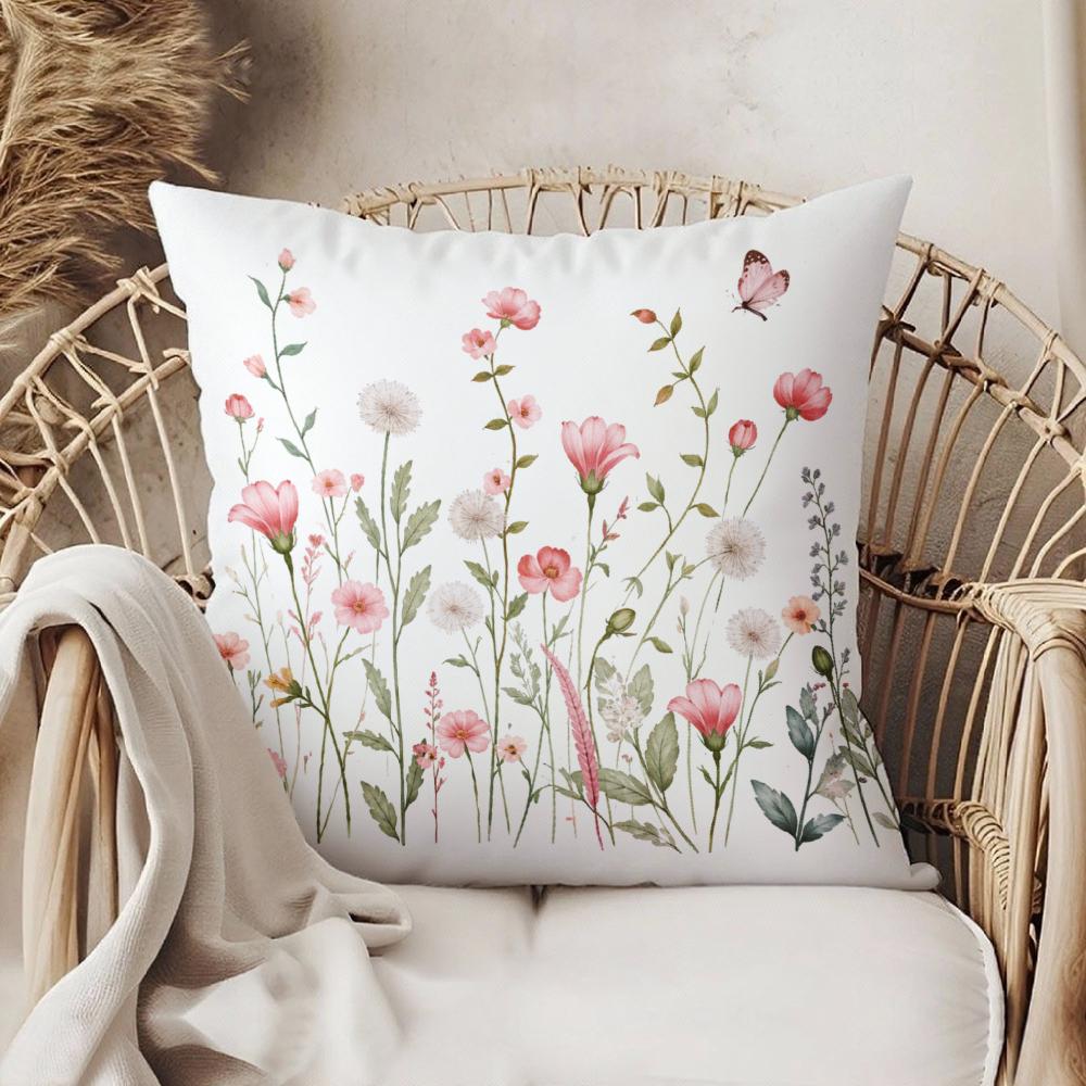 Floral Print Pillow Cover White With Pink And White Flowers And Butterfly Design For Living Room Bedroom Decor
