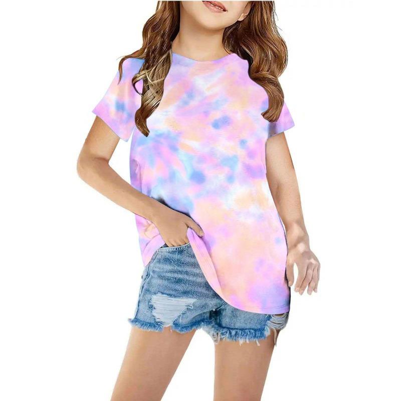 Summer Children's Fashionable Casual Simple 3D Printed Tops Kids Round Neck Pullover Short Sleeved T Shirt