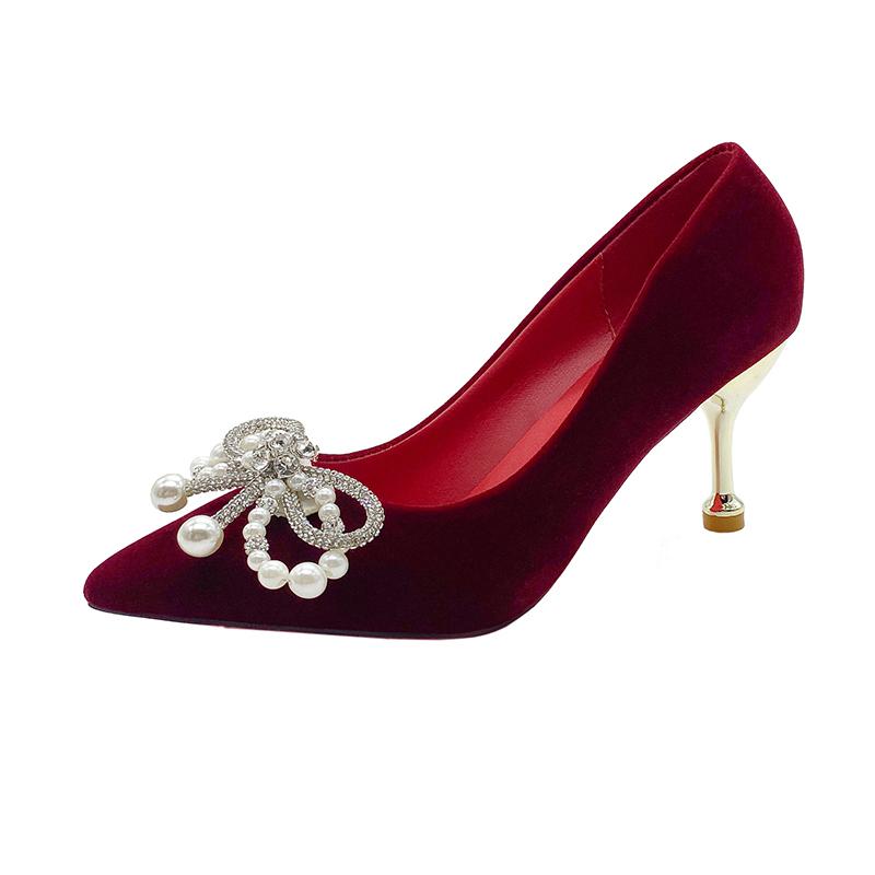 Fashion Wedding shoes bride shoes women new pearl thick heel shallow mouth pointed Xiuhe main wedding dress not tired foot single shoes