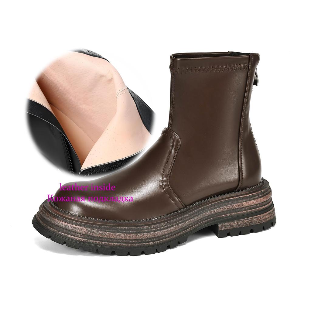 Krazing Pot Microfiber Autumn Winter Shoes Thick High Heels Zipper Platform Size 43 Motorcycle Boots Brown Color Ankle Boots