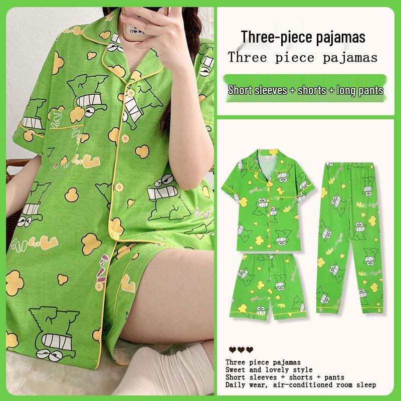 Kuromi Japanese-Style Cotton Pajamas: Women's Summer Lapel Sweet Cardigan Homewear Three-Piece Set