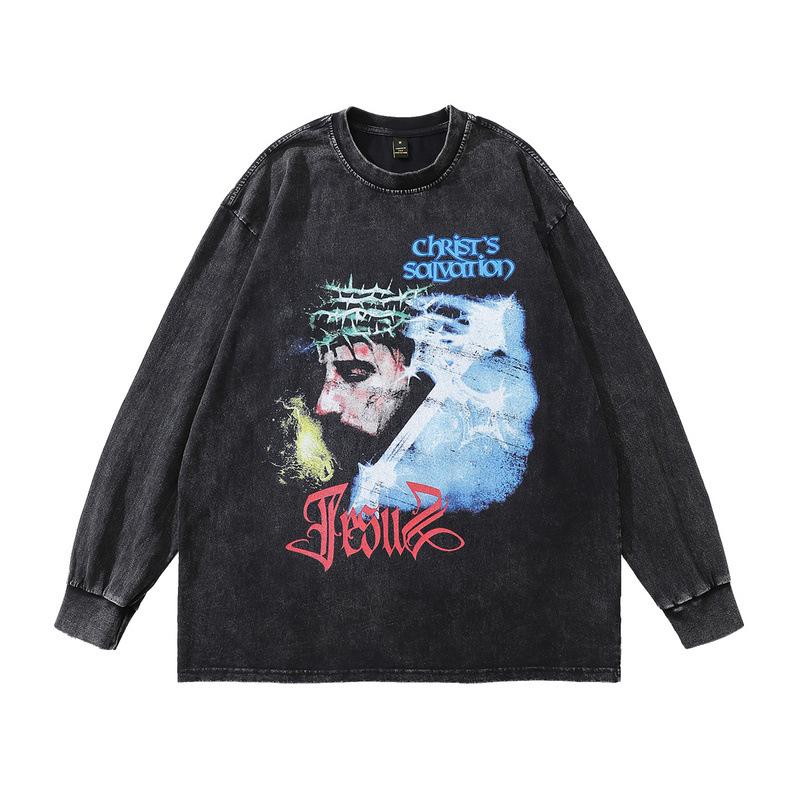 American Vintage Washed Long-Sleeved Base Top, Large Version Digital Direct Print Print Long-Sleeved T-Shirt For Men
