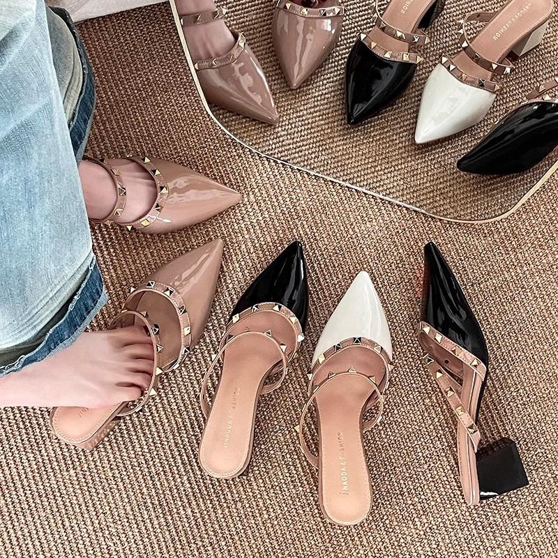 Summer fashion new high-heeled cool slippers women's outer wear rivets fashion temperament thick heel pointed head bag head women's shoes