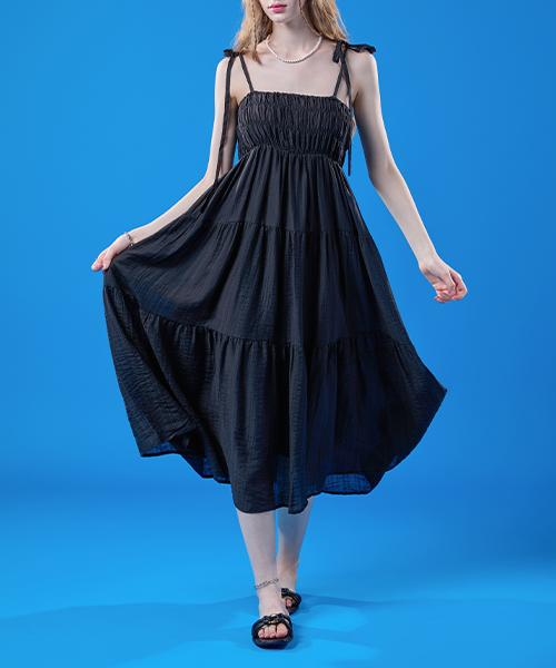 KOLEAT Daisy Rustling Ribbon Summer Frill Layered Sleeveless Dress [Black] Kcl.