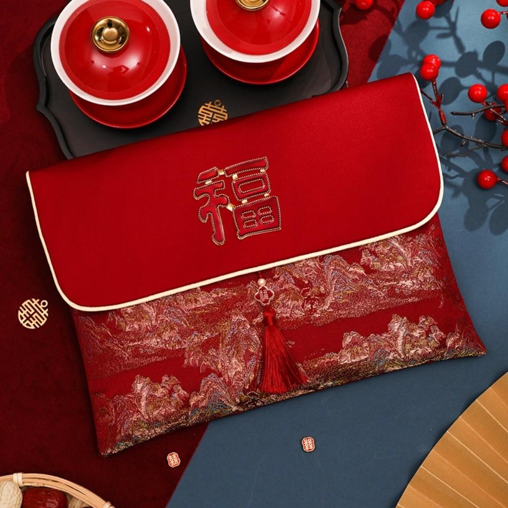 New Year Blessing Words Brocade Red Envelope Brocade Cloth Tassel Cloth Money Pocket HongBao Spring Festival New Year Money Bag