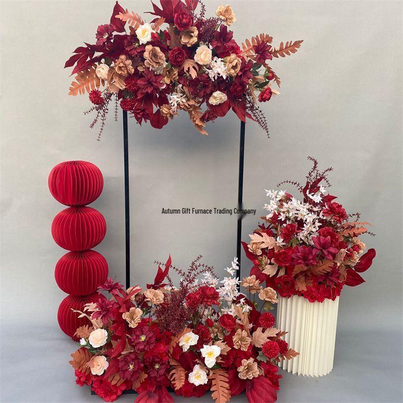 Red Chinese Engagement Wedding Floor Arrangement - Aisle and Stage Silk Flower Decoration