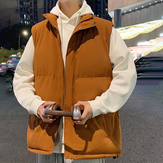 Men Cotton Waistcoat Stand Collar Sleeveless Pockets Quilted Vest Coat Solid Color
