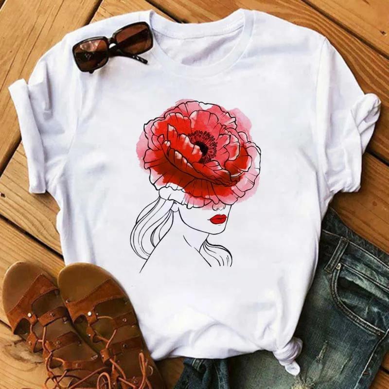 Fashion Red Poppy Women T Shirt Funny Black Printed Tops Tee Female Short Sleeve Tshirt Harajuku Tee Shirts 90s Girls T-shirts