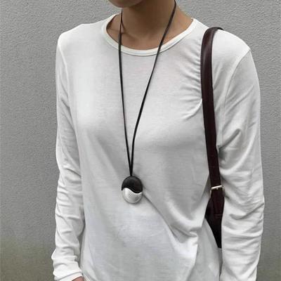 Ebony Wood Leather Cord Necklace: Luxury Long Color Block Pendant for Autumn/Winter Sweaters