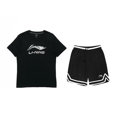 Rundhals Kurzarm Bequem Mittlere Taille Fünf-Punkt-Shorts Lässiger Sportanzug Unisex Anzug Schwarz AHSVD53-1+YAPV001-1 mit Buchstabenlogo-Print