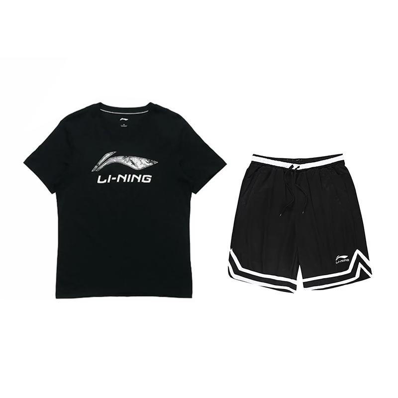 Li-Ning Letter Logo Printed Round Neck Short Sleeve Comfortable Mid Waist Five Point Shorts Casual Sports Suit Unisex Suit Black AHSVD53-1+YAPV001-1