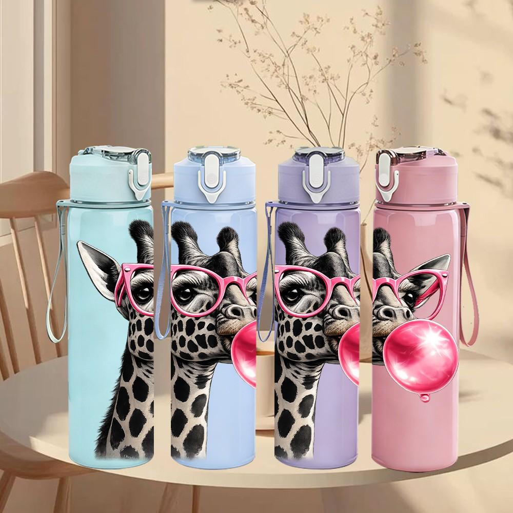 1PC Giraffe Blowing Bubble Cute Print 750ml Color Plastic Sports Water Bottle Leakproof Flip Straw Lid Suitable for Sports Office Home Use