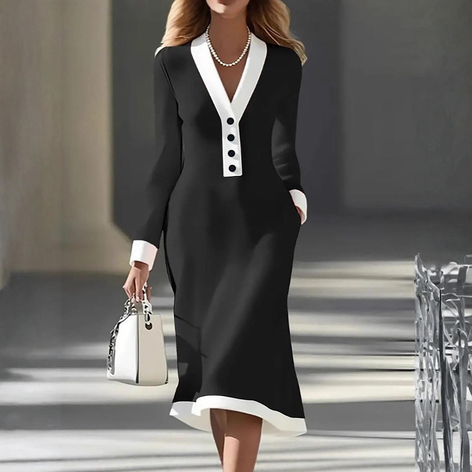 

Женское элегантное двухцветное миди-платье с V-образным вырезом для работы L