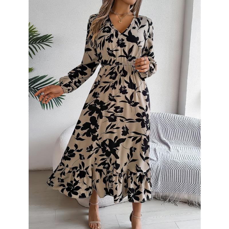 Women's Autumn/winter Casual Flower Waist Tucked Long Sleeve Ruffled Dress