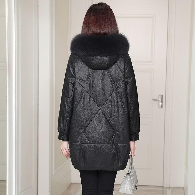 Pu Leather Down Cotton Clothes Women's Winter New Hooded Casual Version Stone Pattern Imitation Sheepskin Jacket Medium and Long