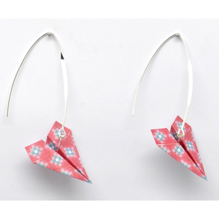Boucles d'oreille papier Origami Avion Rouge rosé