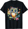 Vibrant Owl With Colorful Flowers Graphic T-Shirt Casual Cotton Print Crewneck Tee