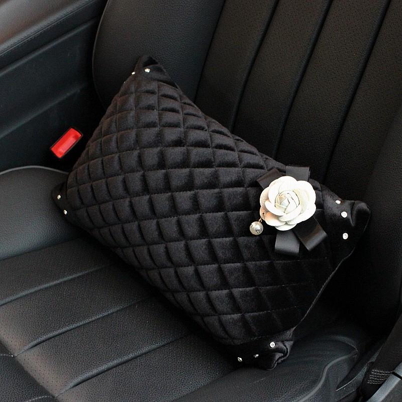 Fashion Soft Plush Crystal Car Neck Headrest Pillow Pearl Camellia Flower Auto Seat Neck Pillow Velvet Head Support Accessory