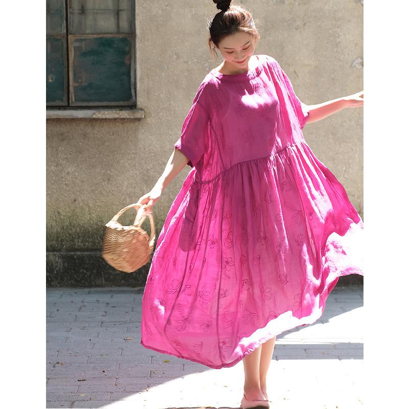 

Johnature Женское Осеннее Нишевое Личное Однотонное Вышитое Платье О-Образным Вырезом Винтажное Свободное Платье Половина Рукава One Size темно-розовый