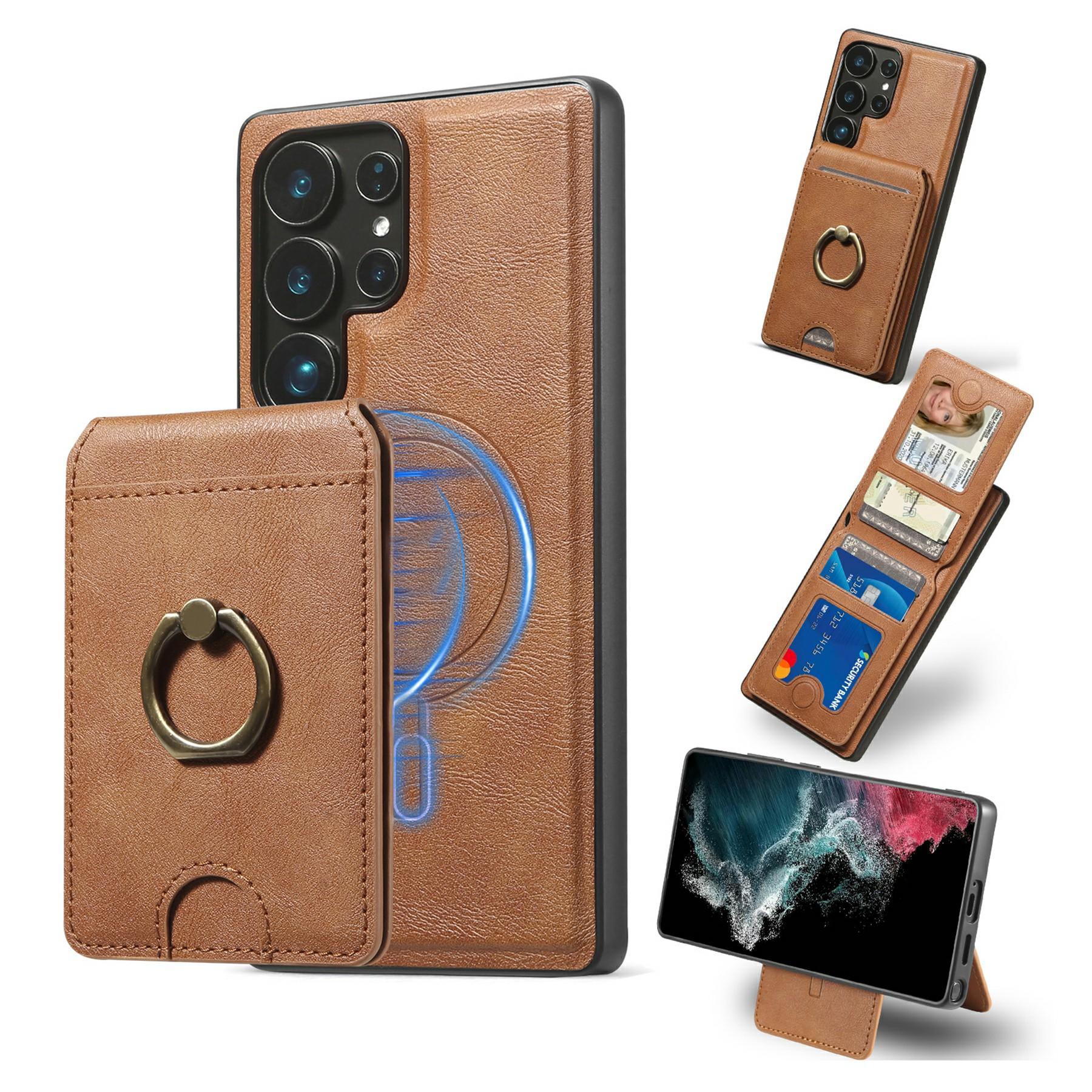 

Магнитный чехол для Samsung Galaxy S25 Ultra PC+PU Задняя крышка для телефона со съемным держателем для карт Brown