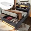 Pat tapițat 90*200, tăblie cu spațiu de depozitare, port USB și Type C, LED 360° surround la cap și la picioare, spațiu de depozitare hidraulic, Gri, In (Cu saltea)