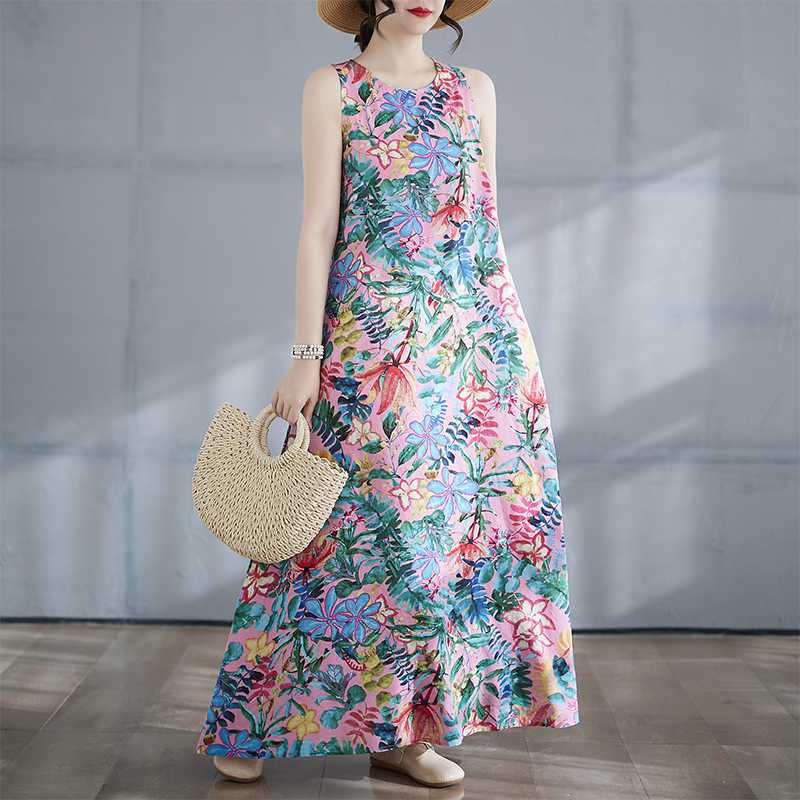 

Women s Long Skirt Summer Round Neck Printed Dress 2XL