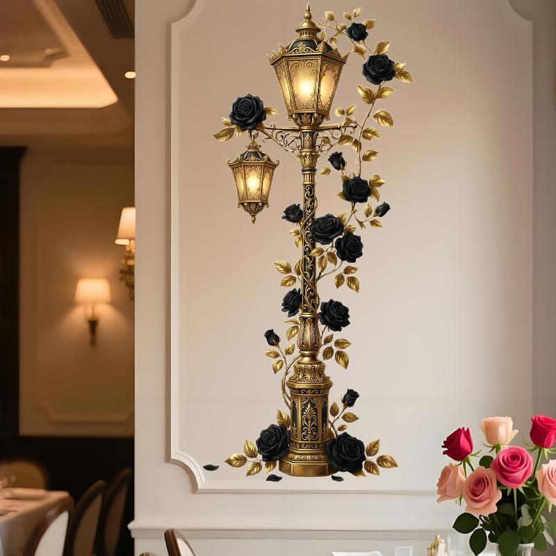 Vintage Street Lamp Wall Decal Red Rose Vine Self Adhesive For Living Room Bedroom Home Wall Decor