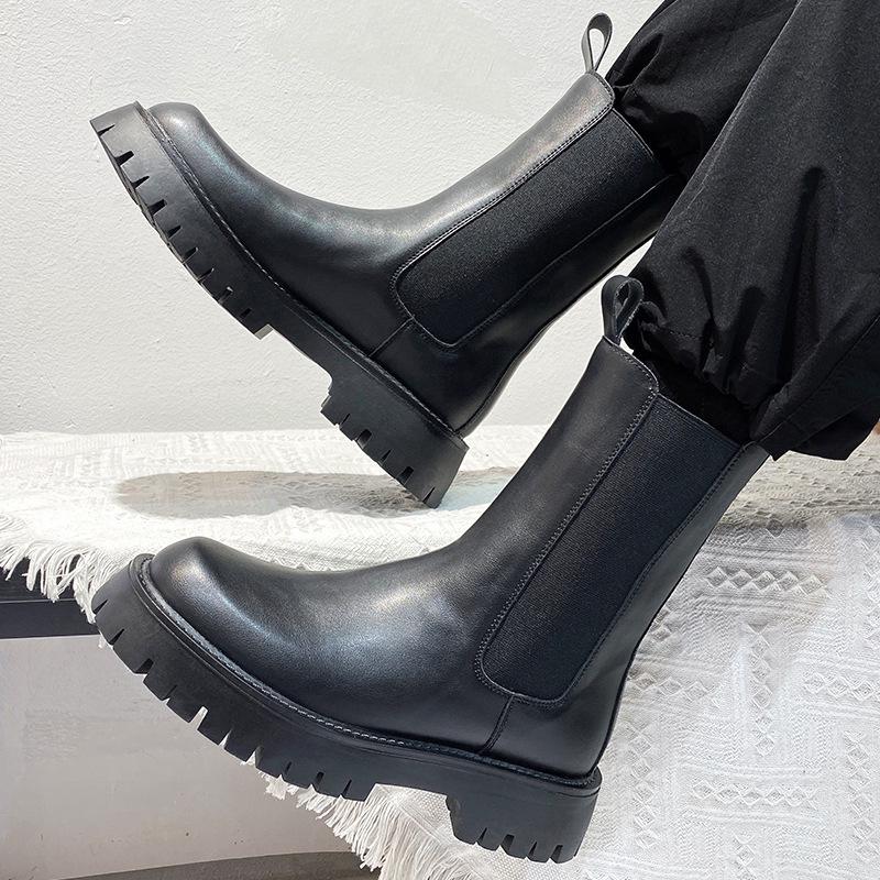 

Мужские черные челси в британском стиле: Мягкая кожа, Высокий верх, Толстая подошва, Мотоциклетная рабочая одежда 39