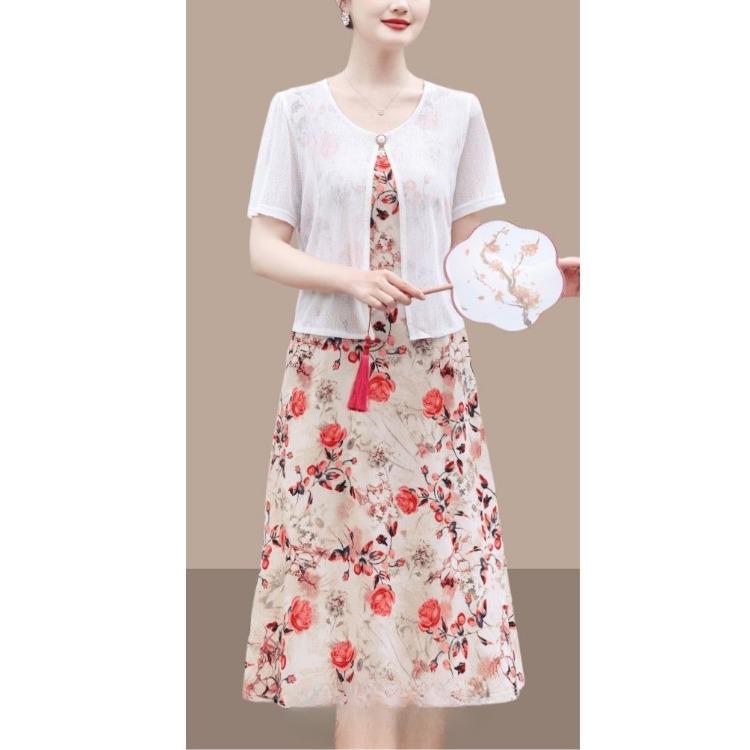Chic Summer Fake Two Piece Dress for Moms Elegant Slimming and Youthful Mid Age Women Fashion Clothing