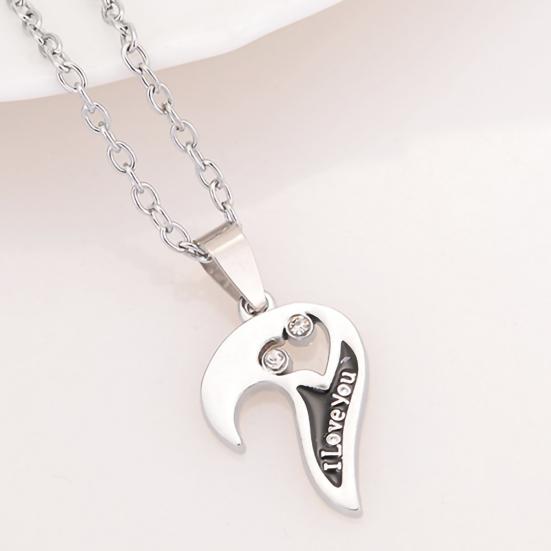 1 Pair Couple Necklace I Love You Rhinestone Inlaid Unisex Heart Shape Pendant Lover Necklace for Anniversary