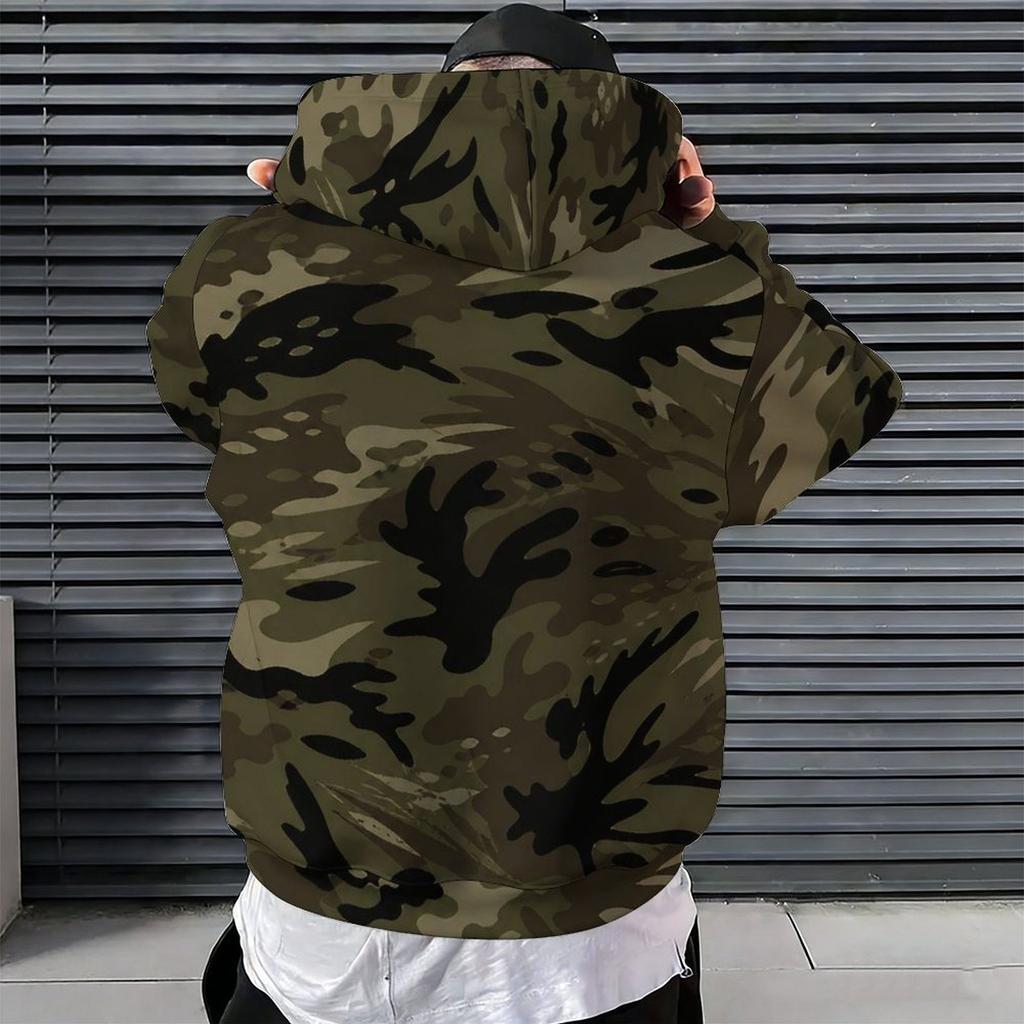 Men Plus Size Beige Printed Hoodie Long Sleeve Drawstring Pullover With Kangaroo Pocket