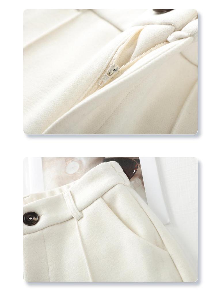 Beige Fleece-Lined Wide-Leg Woolen Pants for Women - New 2024 Autumn/Winter Collection