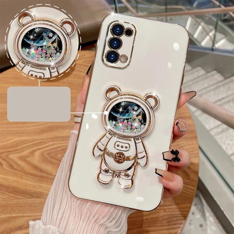 Astronaut Plating Case for OPPO A76 Reno 7 A74 5G A53 A73 A17 A57 A16 A77 A93 5G A78 A95 A77S A72 Quicksand Liquid Stand Shockproof Cover