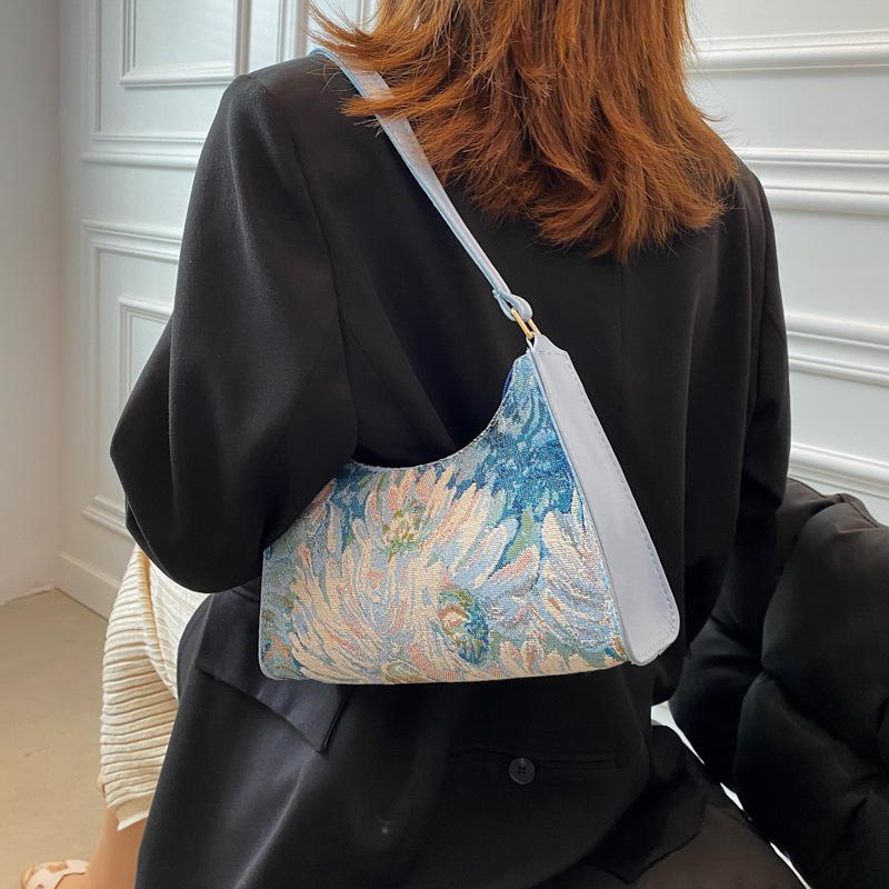 Fashion Vintage Women Oil Painting Design Shoulder Bags Ladies Simple Flower Female Armpit Hobos Bags