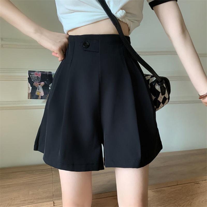 

Женские брюки больших размеров, стройнящие, прямого кроя, с широкими штанинами - в корейском стиле, с высокой талией, повседневные шорты-костюм для весны/лета. S 80-90 lbs чёрный