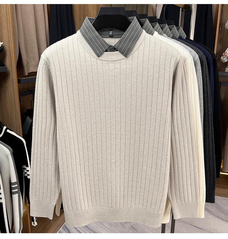 Men's Faux Two-Piece Autumn/Winter Knit Sweater with Shirt Collar - Casual Base Layer for Middle-Aged Dads