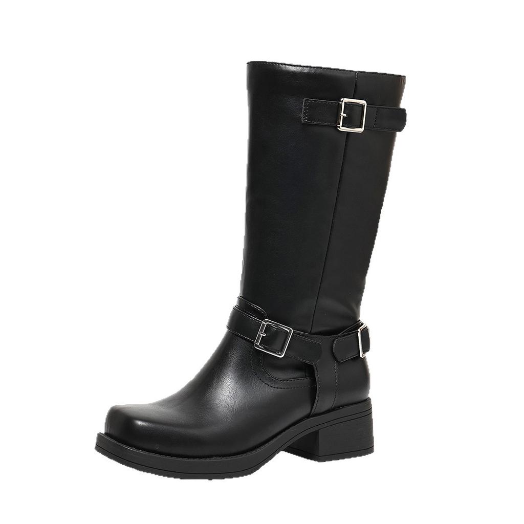 Direct Supply Leather Buckle Belt Fashion Boots Women'S Square Head Thick Heel Belt Buckle Straight Boots Body Autumn Winter Versatile Women'S Boots