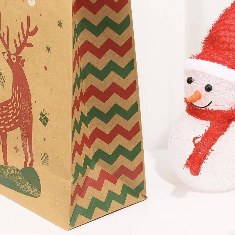 5/20x Christmas Kraft Gift Bags with Handles Snowman Santa Tree Designs Geometric Pattern Paper Tote Bags Party Xmas Decoration