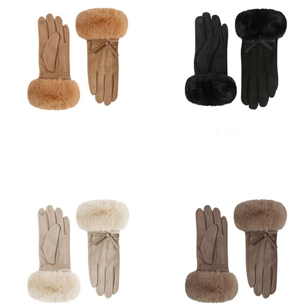 Velvet Pu Leather Gloves Bow Women Cycling Mittens All-Match Winter Suede Gloves Winter