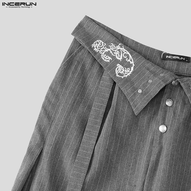 INCERUN Men Casual High Zipper Waist Embroidery Loose Long Wide Legs Pants Trousers