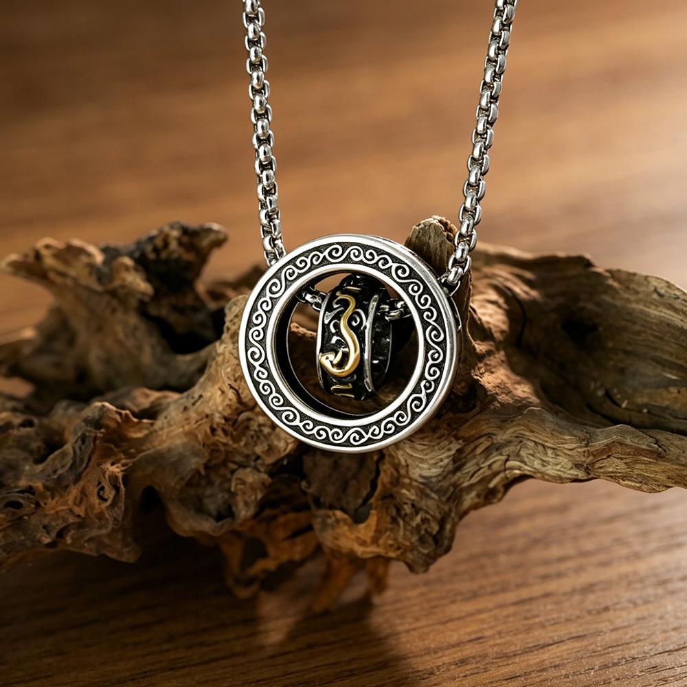 Retro Pixiu Necklace Men's Trendy Cold Style Textured Clavicle Chain Old Hollow Double Ring Pendant